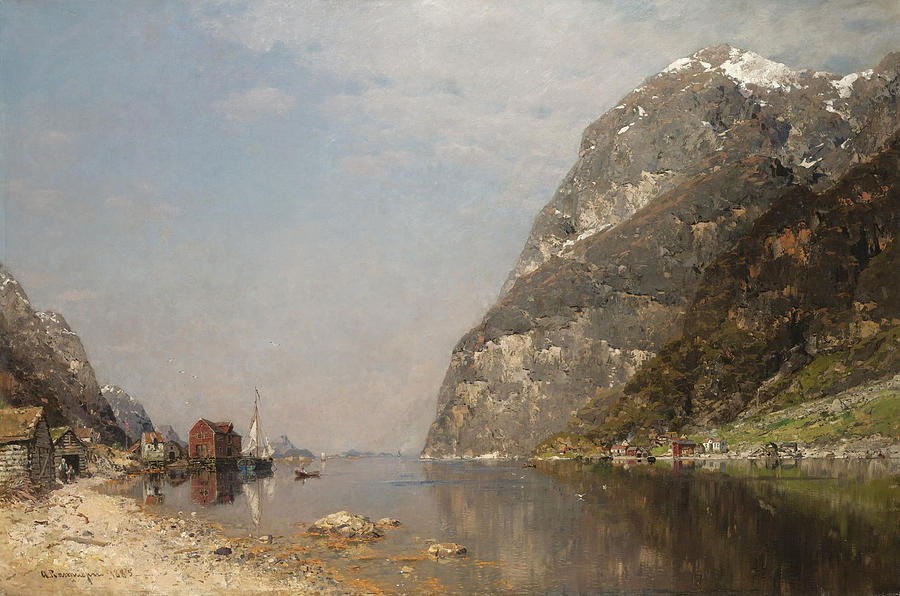 Huts by a Fjord Painting by Georg Anton Rasmussen - Fine Art America