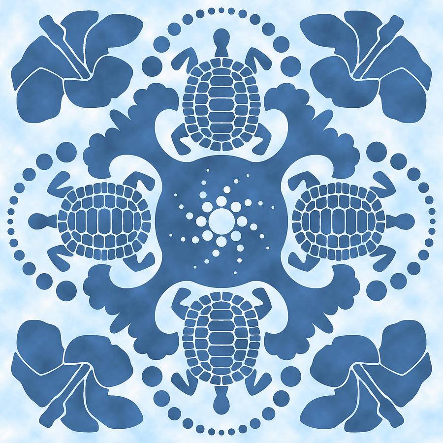 Hybiscus and Turtle Hawaiian Quilt Block Digital Art by Alison Stein