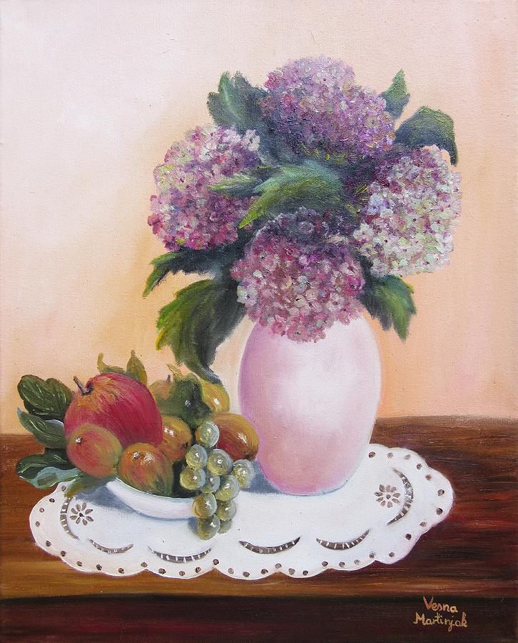 Hydrangeas And Fruit Painting by Vesna Martinjak