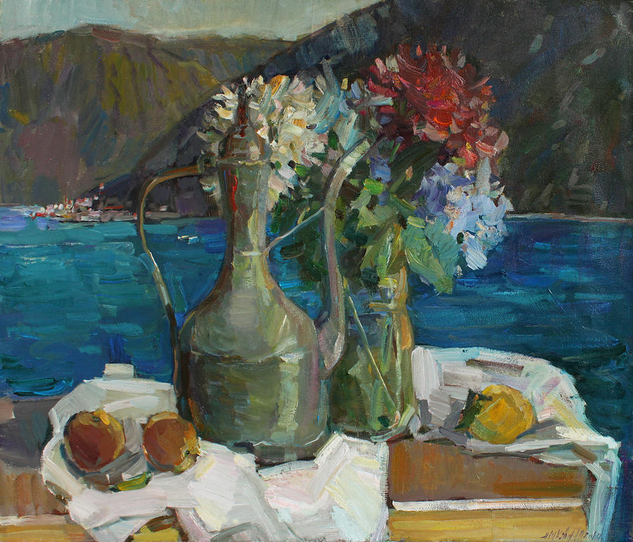 Hydrangeas and old jug Painting by Juliya Zhukova