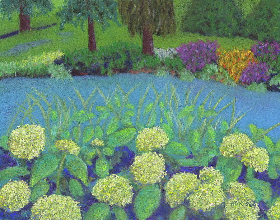 Hydrangeas at Willow Pond Pastel by Anne Katzeff