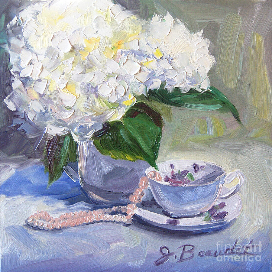 White Flowers Painting - Hydrangeas with Pearls  by Jennifer Beaudet