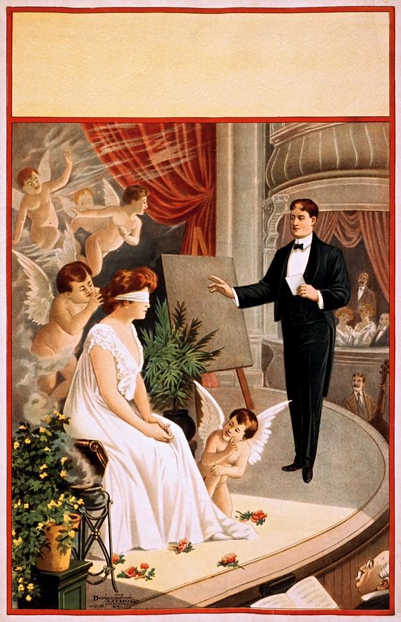 Hypnotist performance with angels. Stock poster, 1900 Painting by Vincent Monozlay