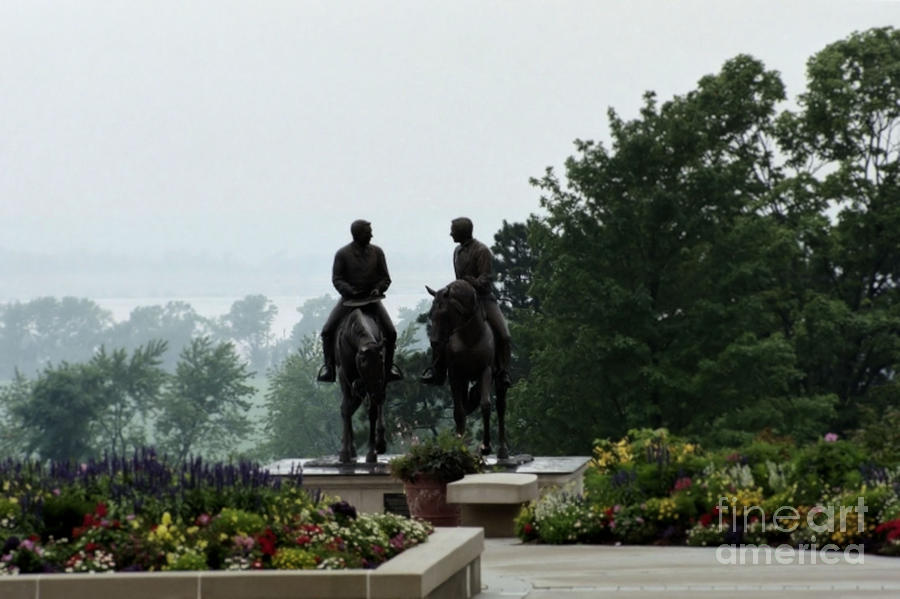 Hyrum and Joseph Smith Statue in the Mist from the Mississippi