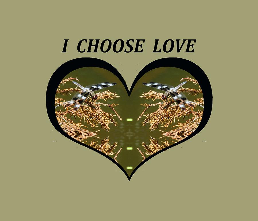 I Choose Love with Black and White Dragonflies on Golden Leave in a Heart Digital Art by Julia L Wright