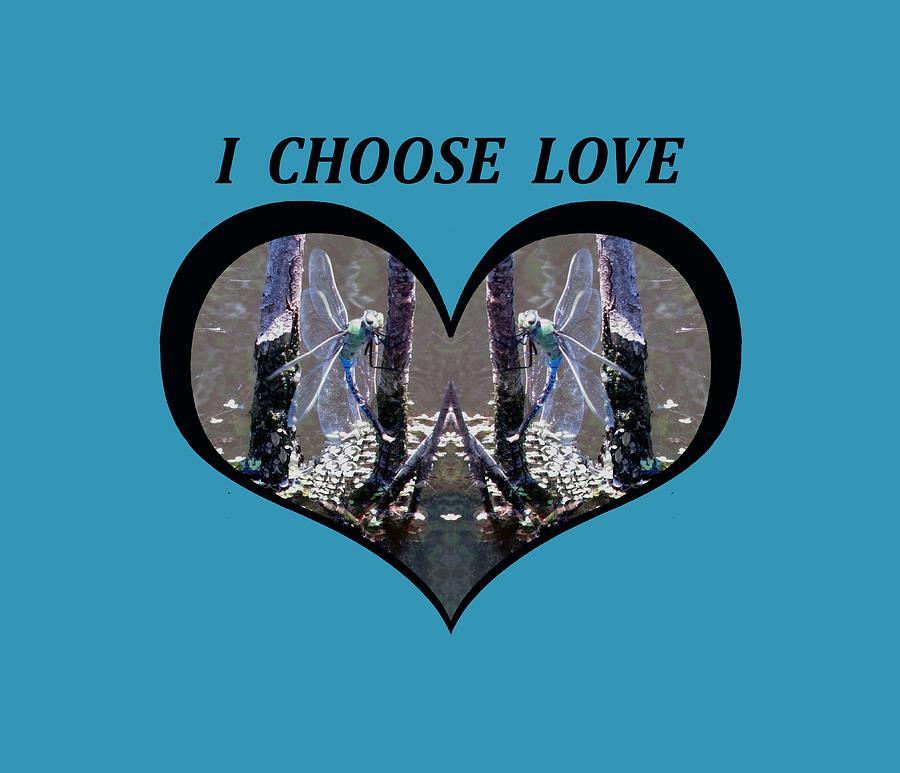 I Choose Love with Blue Dragonflies on a Branch in a Heart Digital Art by Julia L Wright