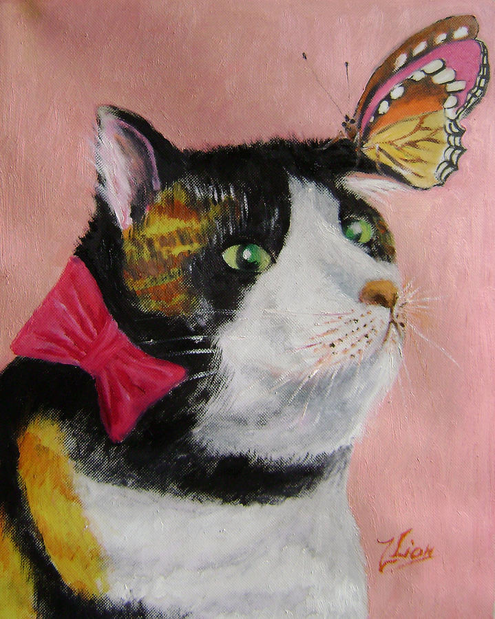 Cat Painting - I hate butterflies by Lian Zhen