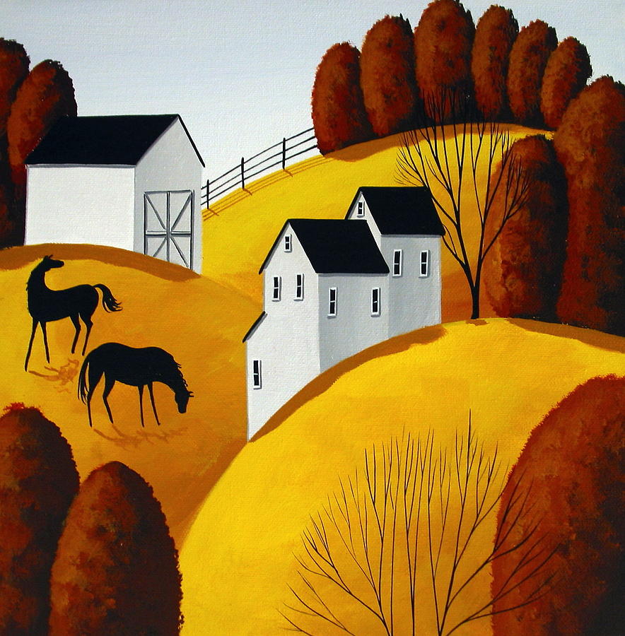 I heard something - horse folk art country landscape Painting by Debbie Criswell