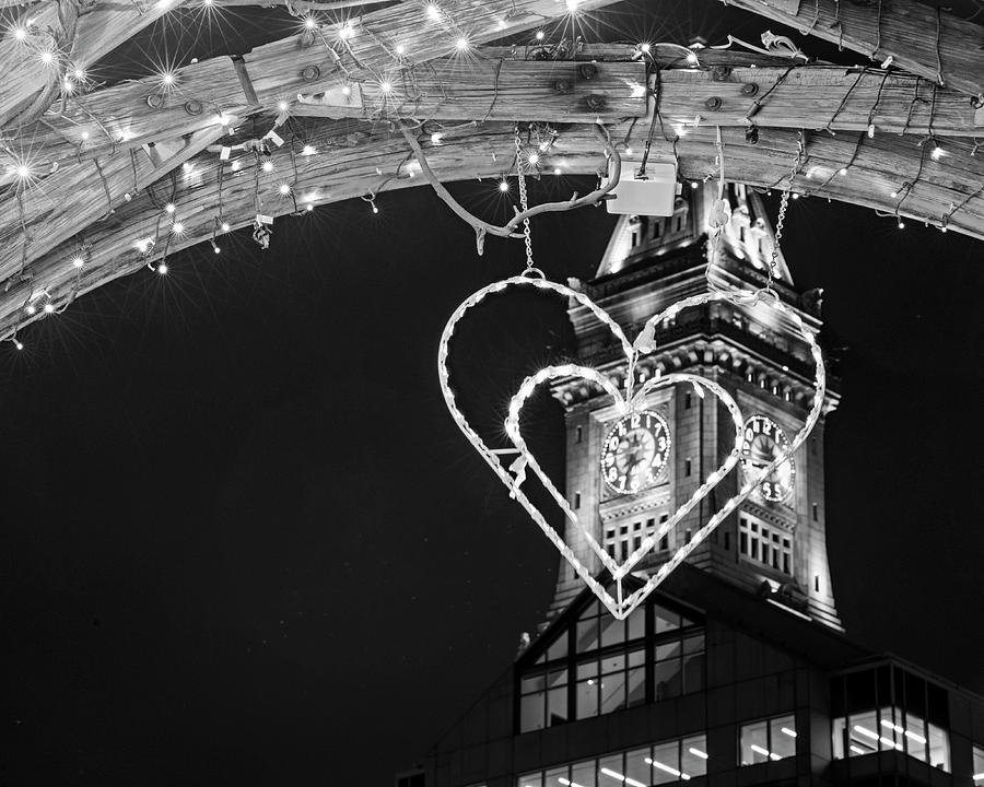 I heart Boston MA Christopher Columbus Park Trellis Lit up for Valentines Day Black and White Photograph by Toby McGuire