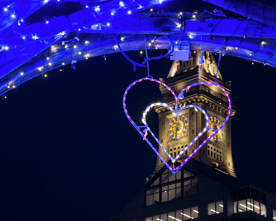 I heart Boston MA Christopher Columbus Park Trellis Lit up for Valentines Day Photograph by Toby McGuire