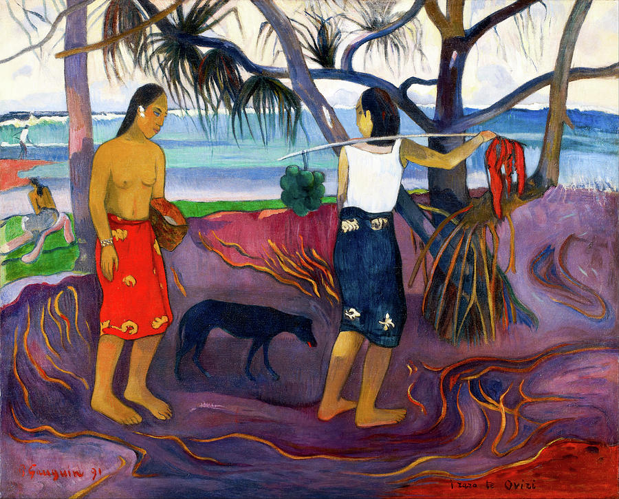 Tree Painting -  I Raro Te Oviri-Under the Pandanus by Eugene Henri Paul Gauguin