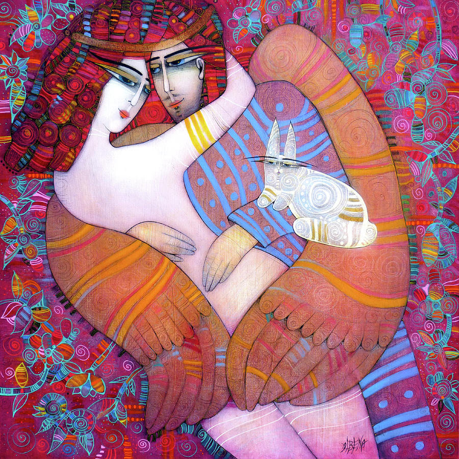Flower Painting - ICARUS KISS with a white rabbit by Albena Vatcheva