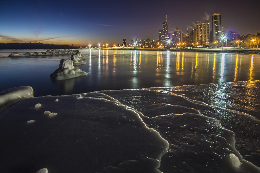 Ice and Chicago Skyline at dawn  Photograph by Sven Brogren