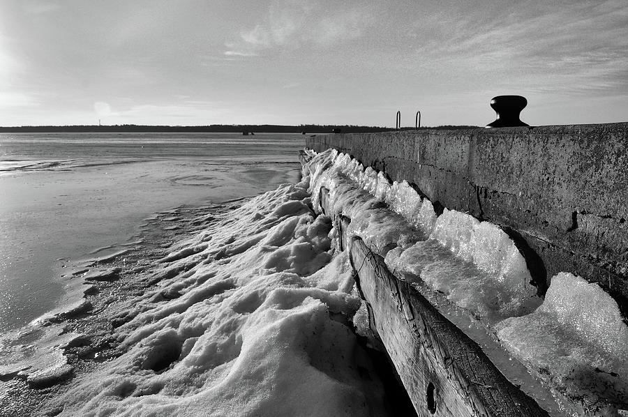 Ice Beside The Dock BW  Photograph by Lyle Crump