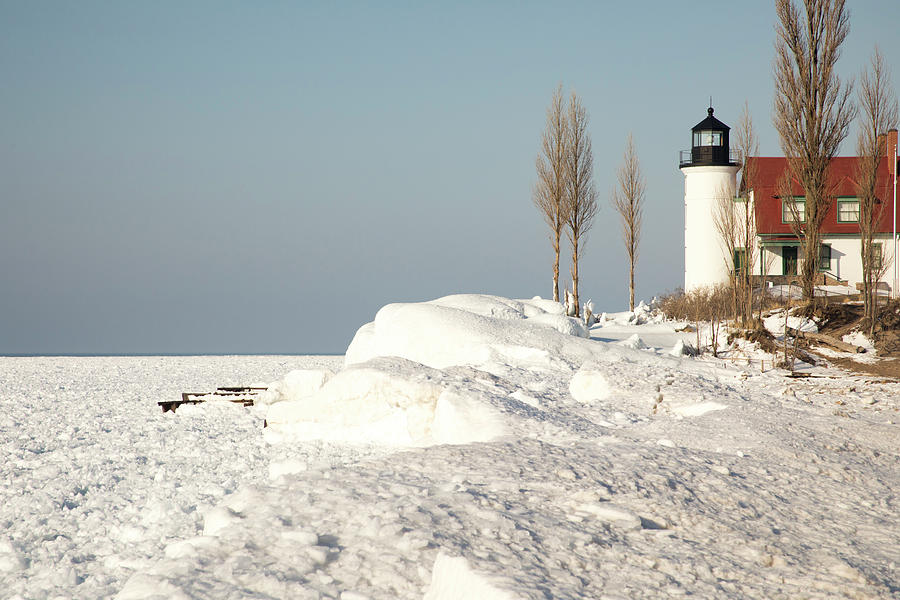 ice covered Point Betsie Lighthouse, Lake Michigan Photograph by Karen Foley