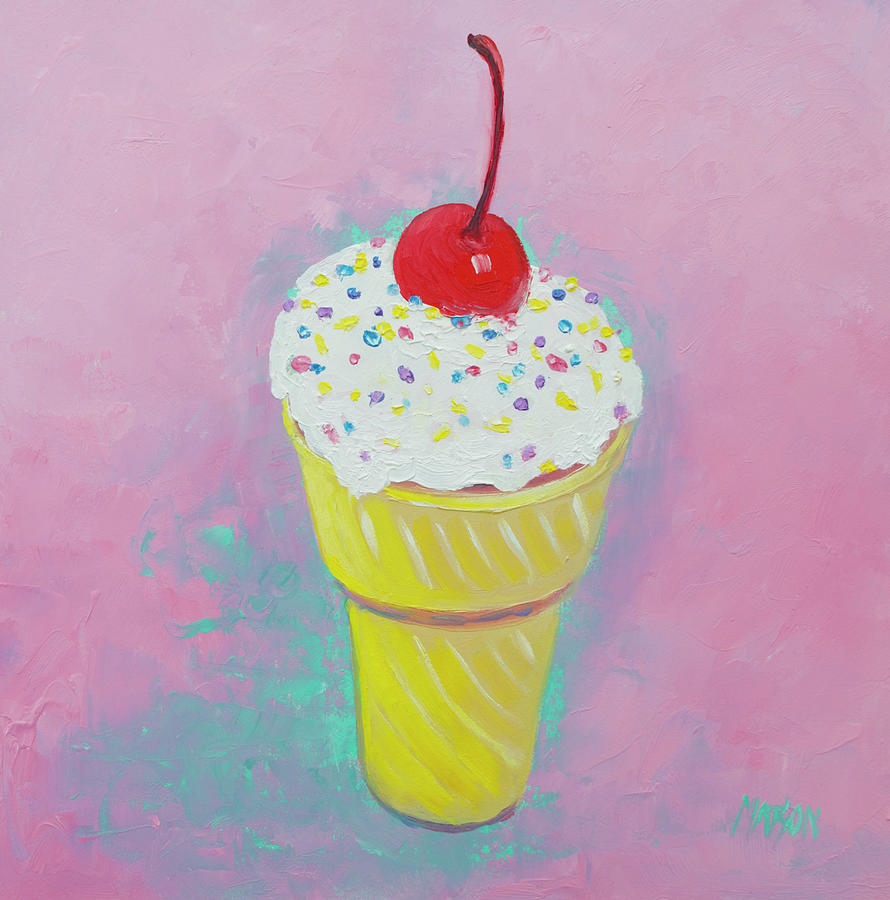 Ice cream Cone with cherry Painting by Jan Matson