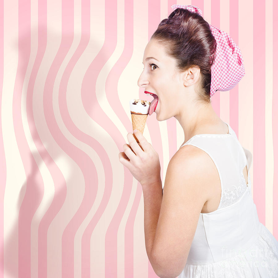 Ice cream pin-up poster girl licking waffle cone Photograph by Jorgo Photography