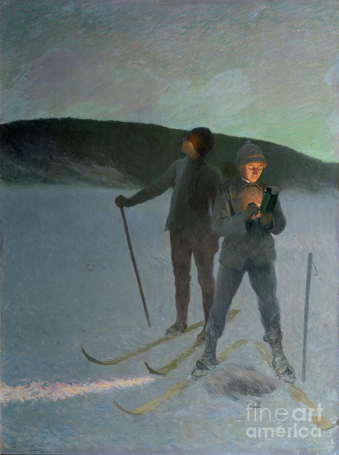 Ice fishing on ski Painting by Christian Skredvsig