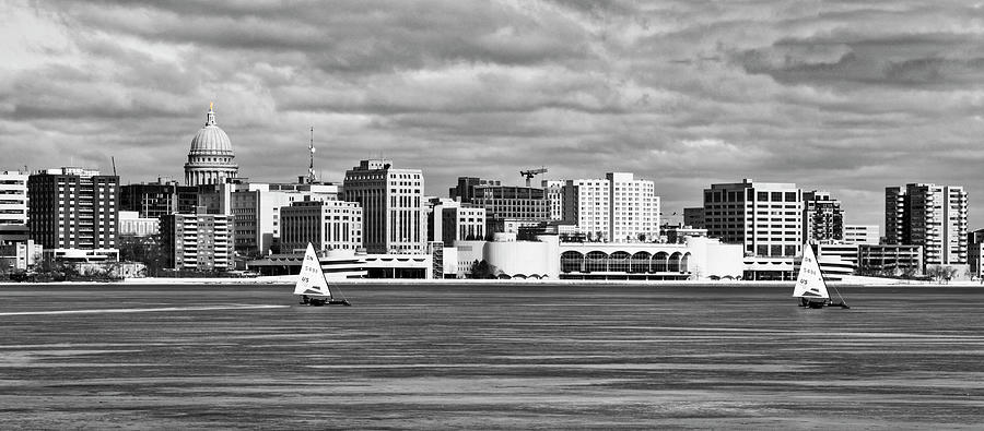 Ice Sailing BW - Madison - Wisconsin Photograph by Steven Ralser