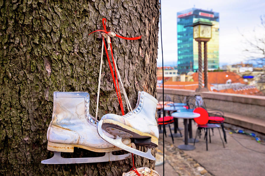 Ice skates on the tree Christmas decorationin Zagreb advent mark Photograph by Brch Photography