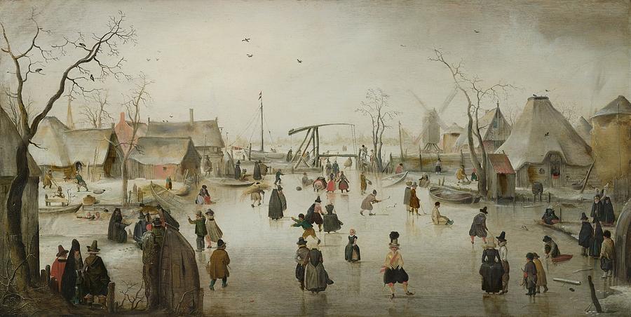 Ice-skating in a Village, 1610 Painting by Vincent Monozlay