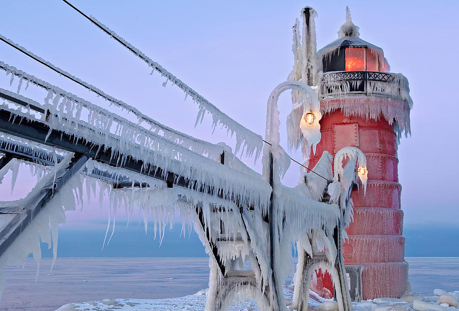 Iced South Haven Lighthouse Photograph by Dean Pennala