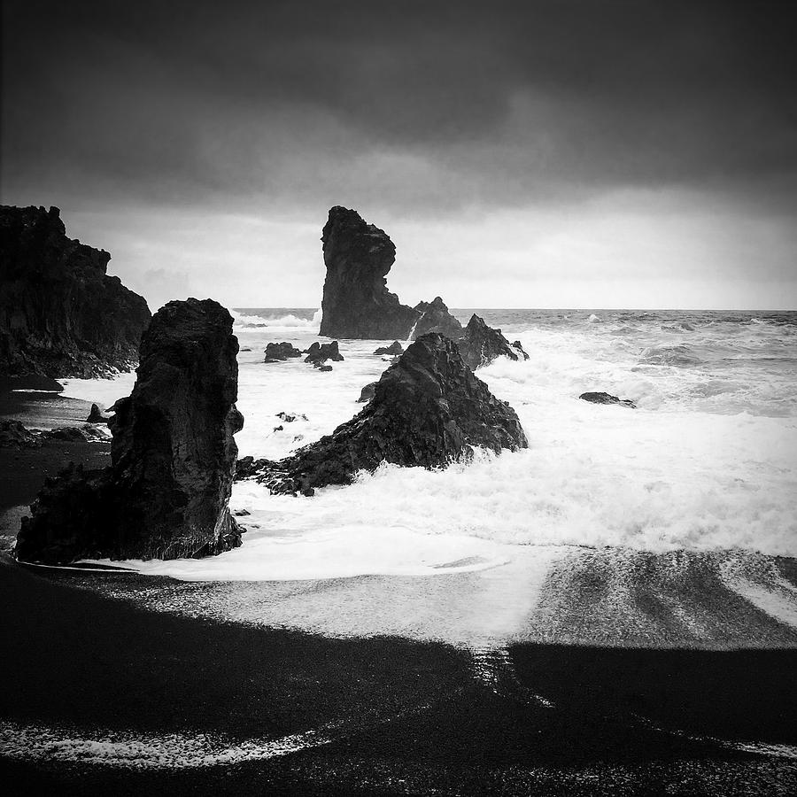Nature Photograph - Iceland Dritvik beach and cliffs dramatic black and white by Matthias Hauser