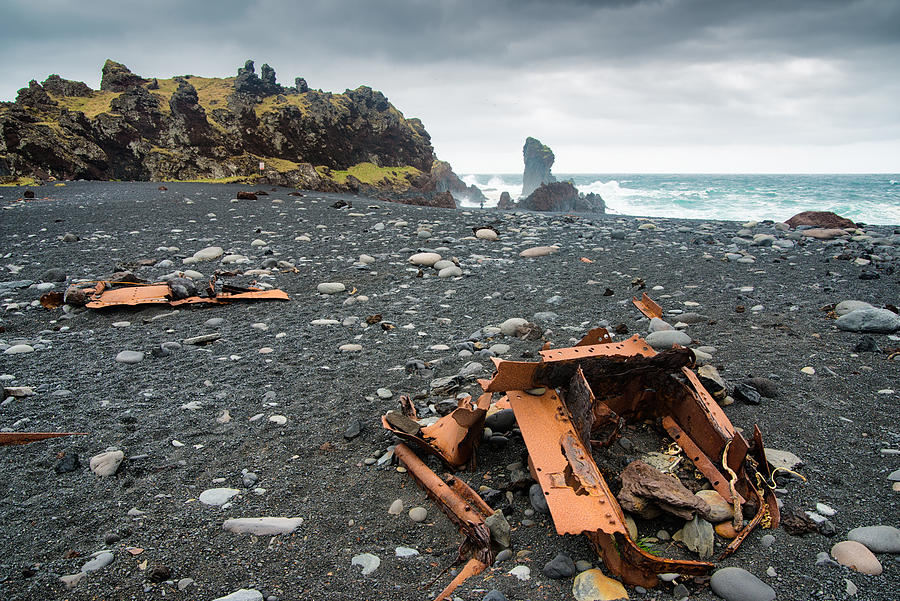 Iceland Dritvik pebbled beach with shipwreck pieces Photograph by Matthias Hauser