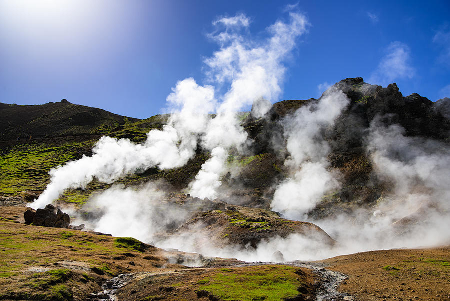 Iceland geothermal area with steam from hot springs Photograph by Matthias Hauser