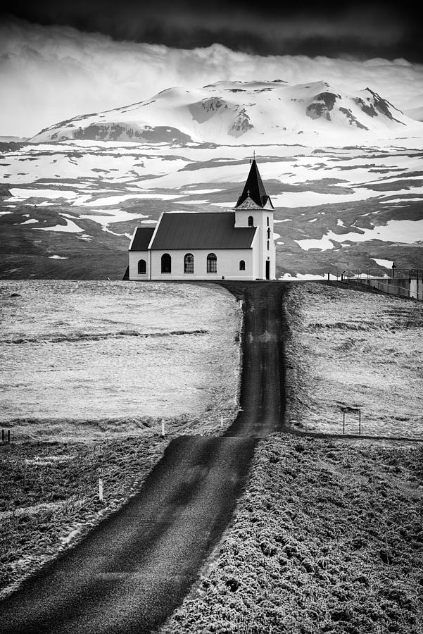 Iceland Ingjaldsholl church and mountains black and white Photograph by Matthias Hauser