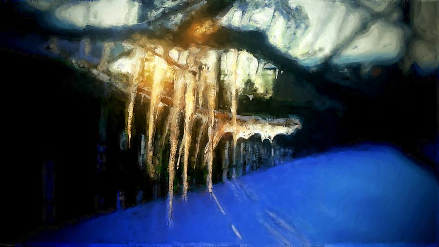 Icicles dropping water in winter with sun shining through Painting by MendyZ  