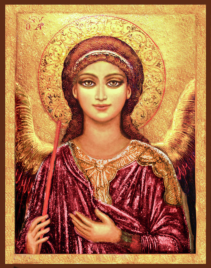 Icon Archangel Gabriel in magenta Mixed Media by Ananda Vdovic