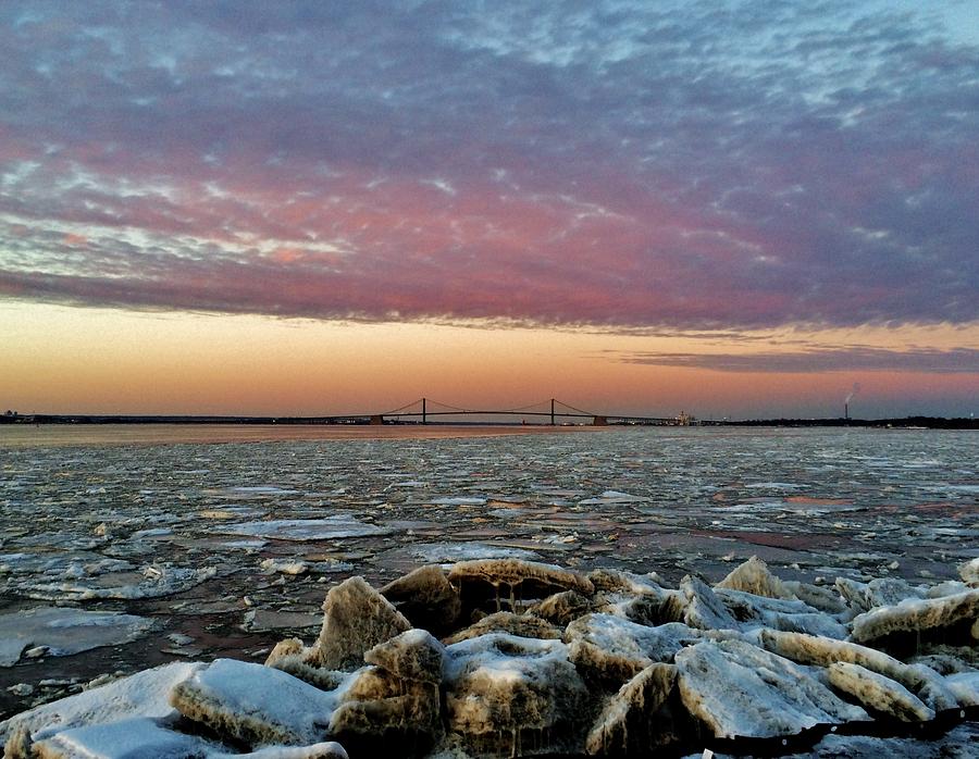 Icy Delaware at Sunset Photograph by Ed Sweeney