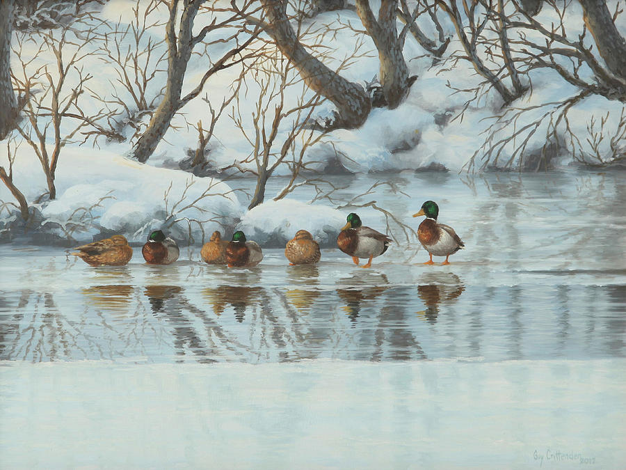 Icy Pond Mallards Painting by Guy Crittenden