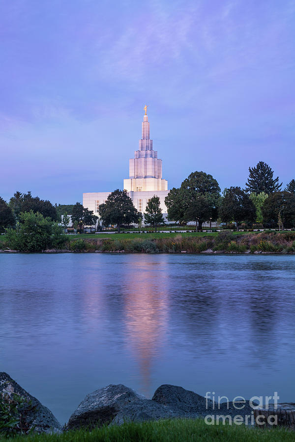 Idaho Falls Temple - Pink Sunset on the River Photograph by Bret Barton