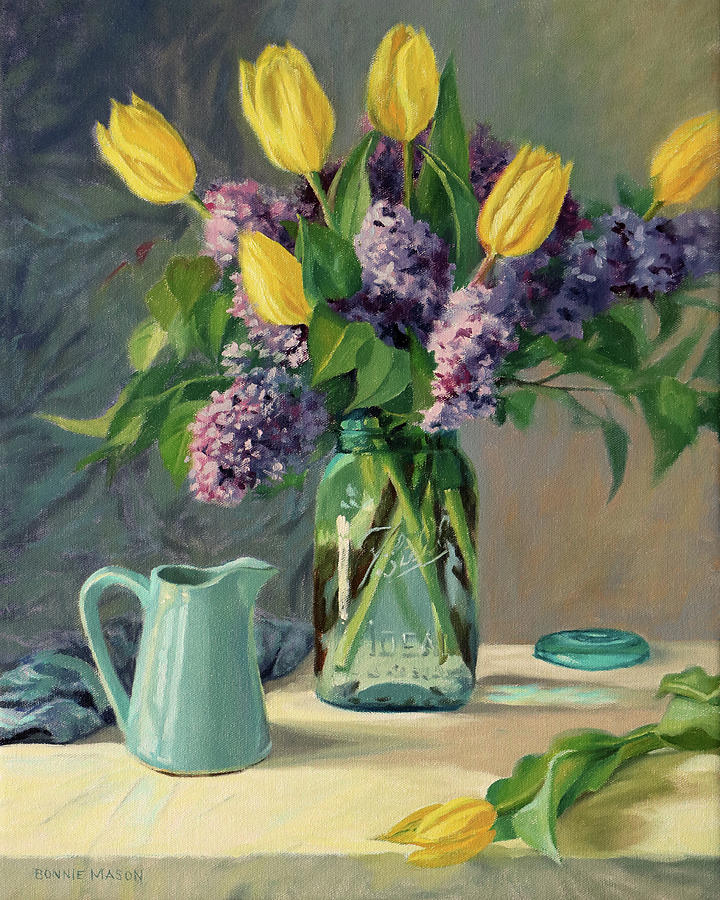 Still Life Painting - Ideal - Yellow Tulips and Lilacs in a Blue Mason Jar by Bonnie Mason