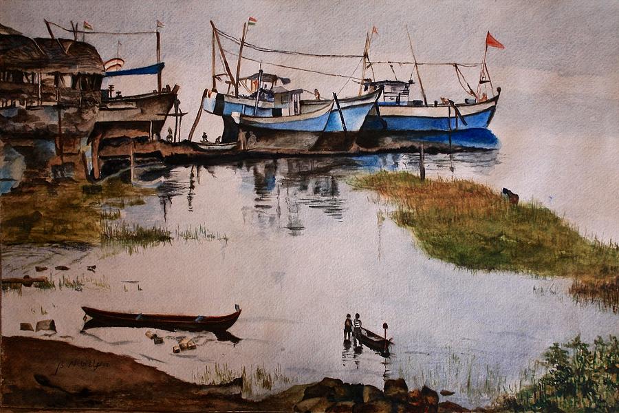 Boat Painting - Idyllic fishing village by Vidya Nagaraj