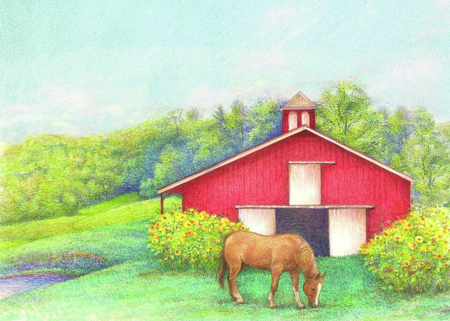 Idyllic summer landscape barn with horse Painting by Judith Cheng
