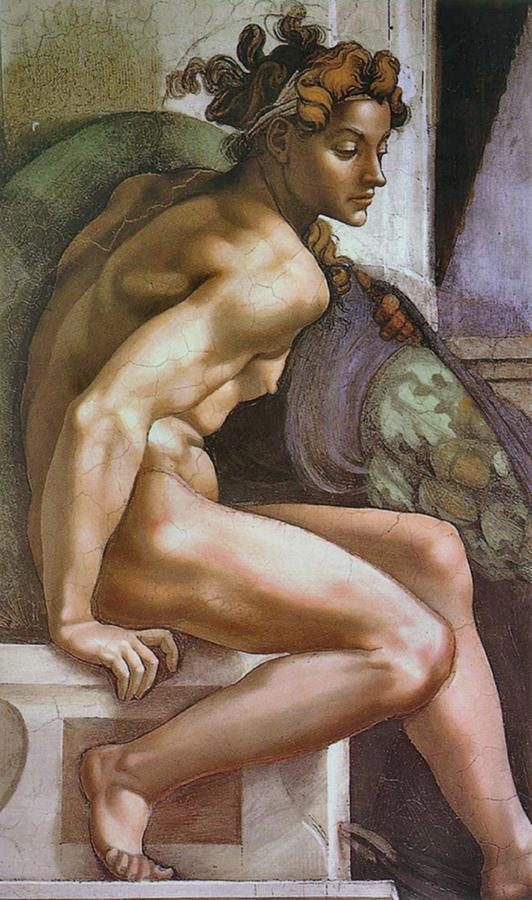Ignudo Number Two of 1509 Painting by Michelangelo Buonarroti