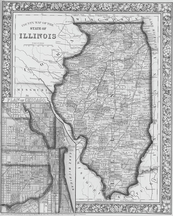 Illinois 1800s Historical Map Black and White Digital Art by Toby McGuire