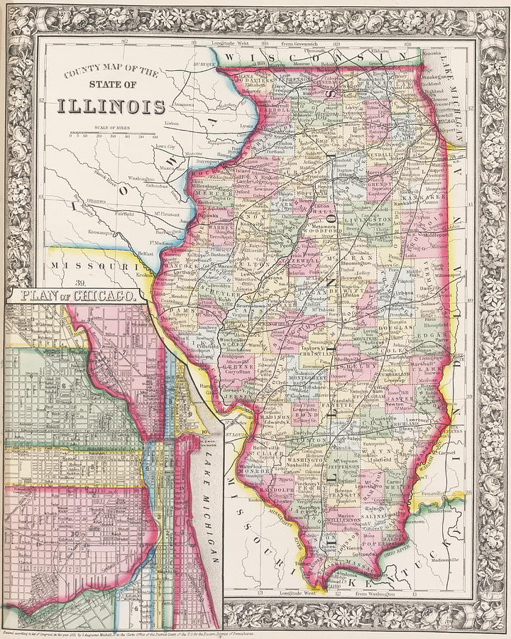 Illinois 1800s Historical Map Color Digital Art by Toby McGuire