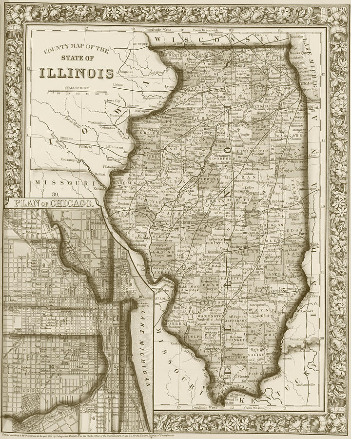Illinois 1800s Historical Map Sepia Digital Art by Toby McGuire