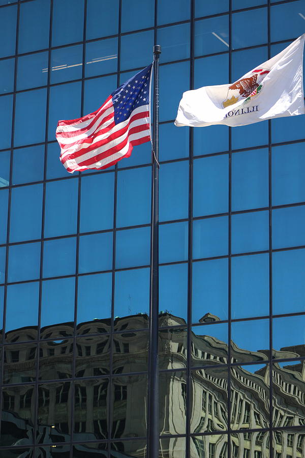 Illinois and American Flags Against Reflection on Jackson Photograph by Colleen Cornelius