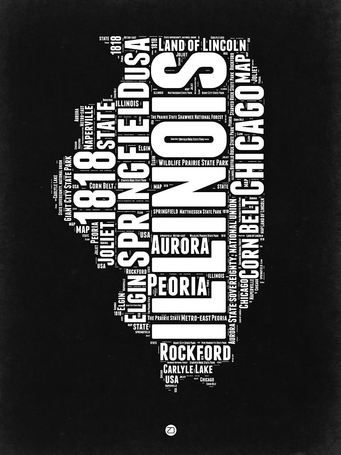Independence Day Digital Art - Illinois Black and White word Cloud Map  by Naxart Studio