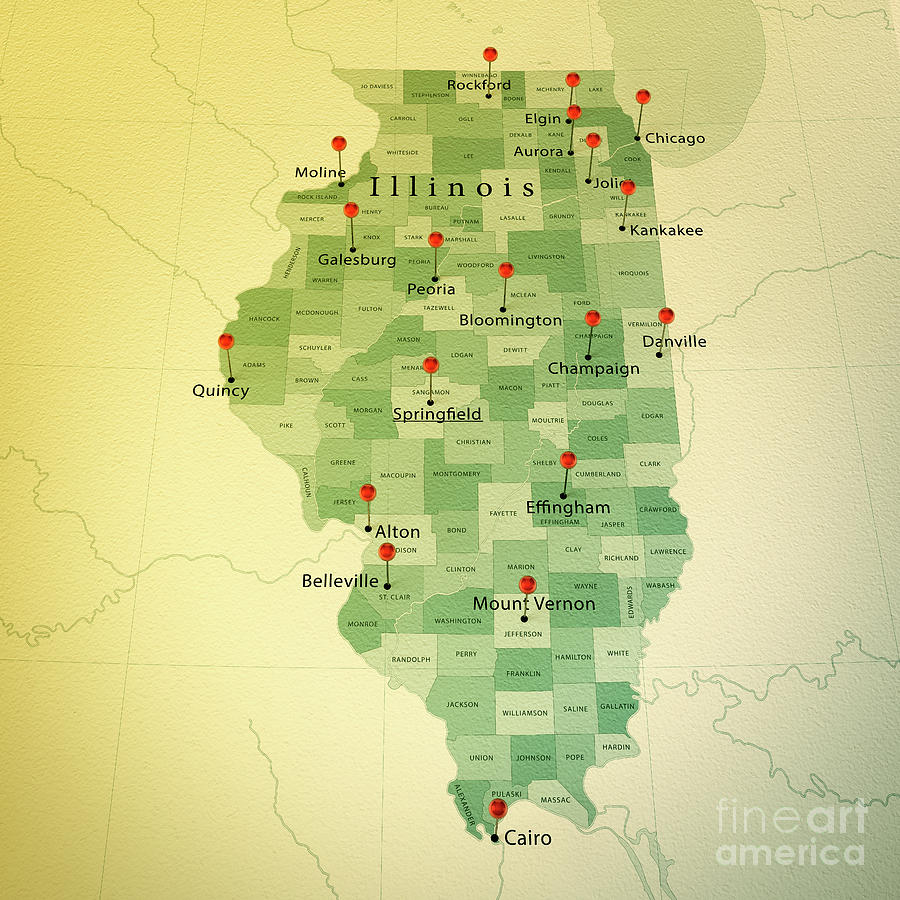 Illinois Map Square Cities Straight Pin Vintage Digital Art by Frank Ramspott