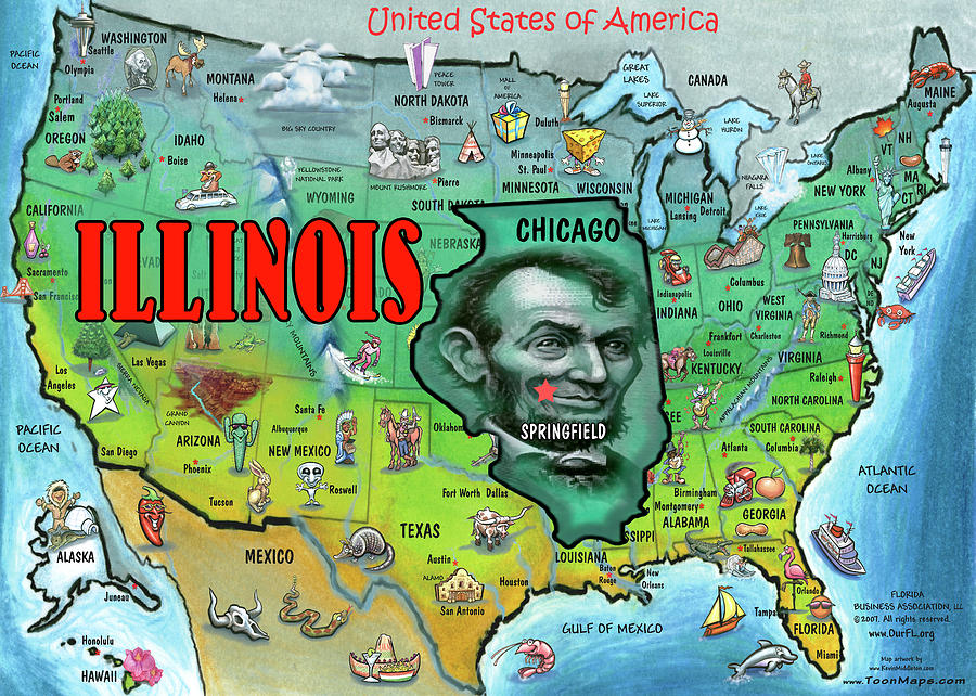 Illinois USA Cartoon Map Digital Art by Kevin Middleton