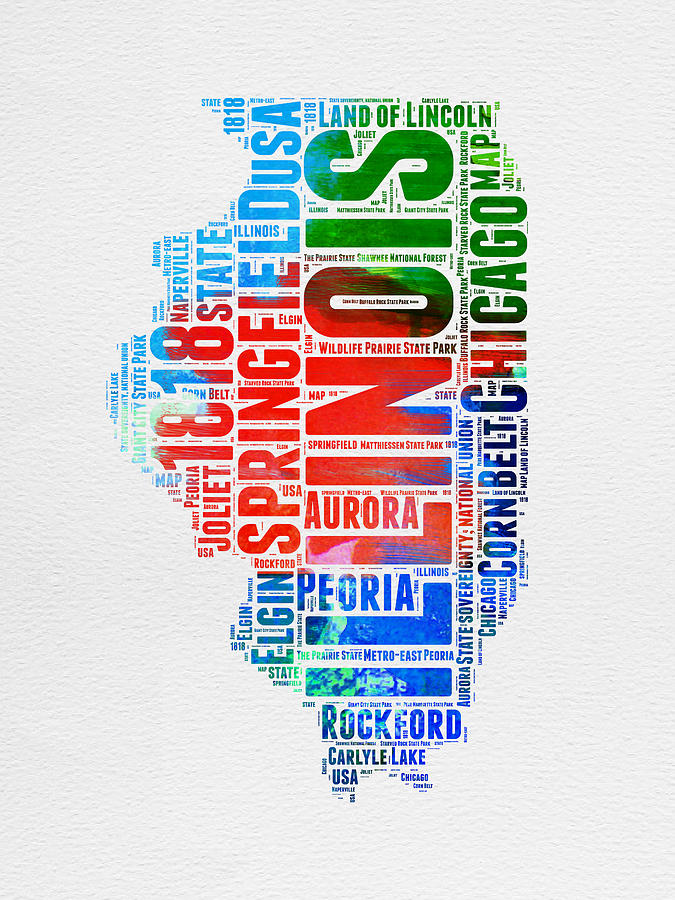 Chicago Digital Art - Illinois Watercolor Word Cloud Map  by Naxart Studio
