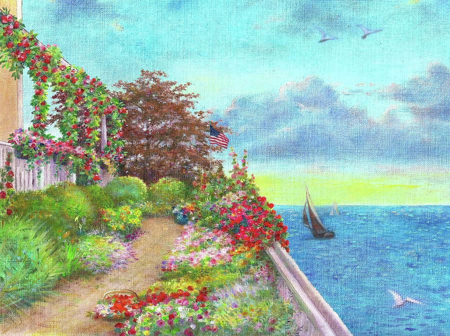 Illustrated Beach Cottage Waters Edge Painting by Judith Cheng