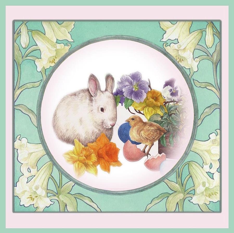 Illustrated Bunny with Easter Floral Painting by Judith Cheng