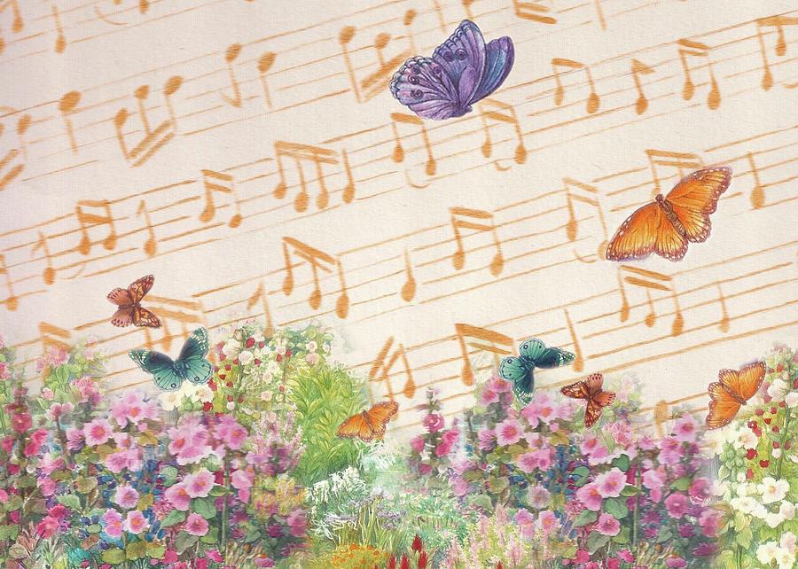 Illustrated Butterfly Garden with musical notes Painting by Judith Cheng